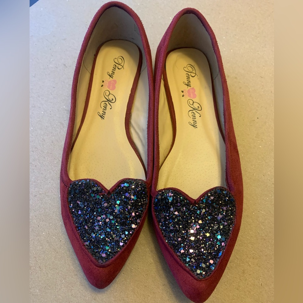 Penny Loves Kenny Nookie Moccasin Wine Micro Velvet Flat with Glitter Hearts 🩷✨💜